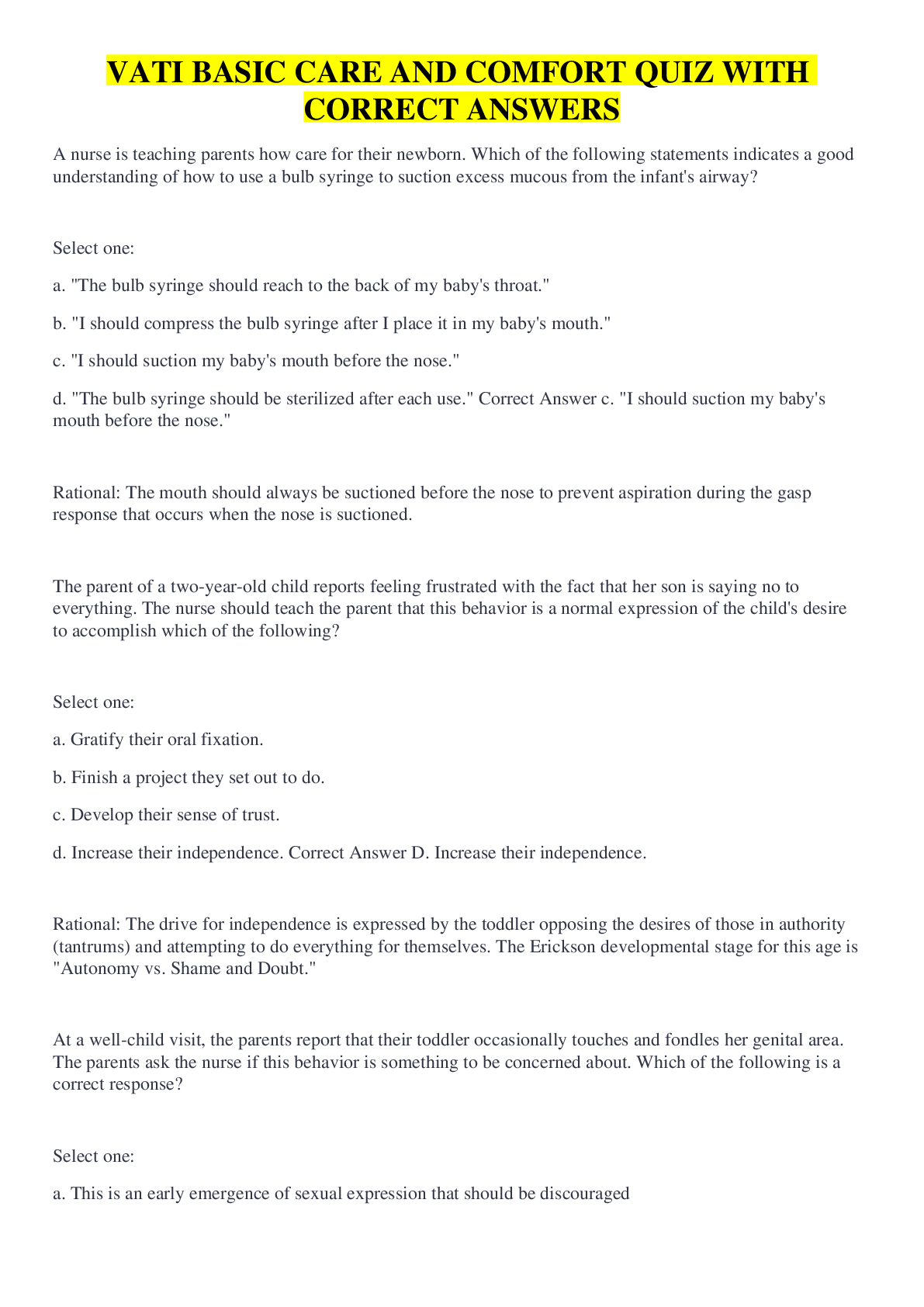 Preview image for VATI BASIC CARE AND COMFORT QUIZ WITH CORRECT ANSWERS